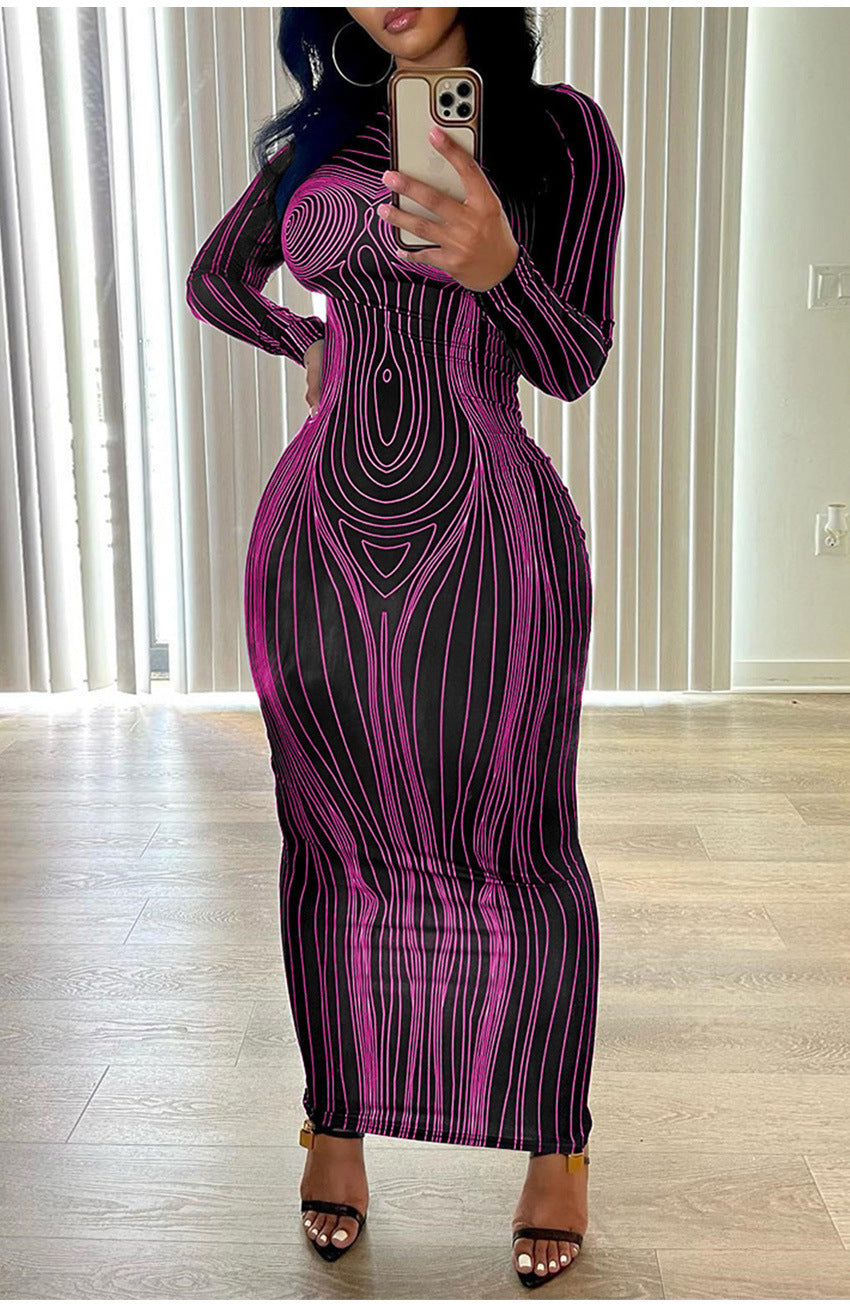 Damen Langärmliges Maxikleid mit strukturiertem Linienmuster und figurbetonendem Schnitt Fudus