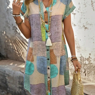 Damen Freizeitkleid mit grafischem Design und kurzen Ärmeln Fudus