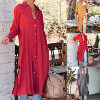 Damen Hemdblusenkleid mit langen Ärmeln und seitlichen Schlitzen Fudus