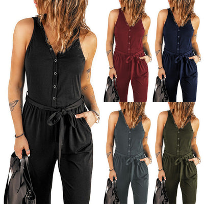 Damen lässiger Jumpsuit mit knöpfen und elastischem Bund Fudus
