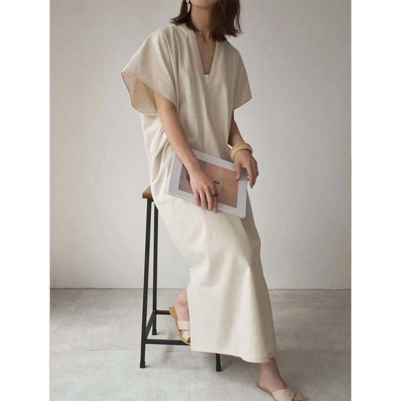 Damen Maxi-Kleid mit tiefem V-Ausschnitt und Seitenschlitzen Fudus