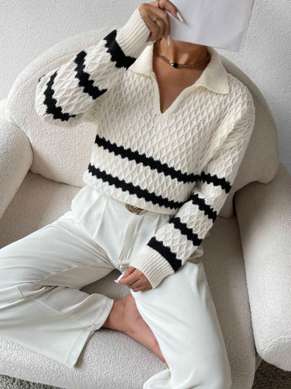 Strickpullover mit Kragen | Strukturmuster | Gestreifter Look