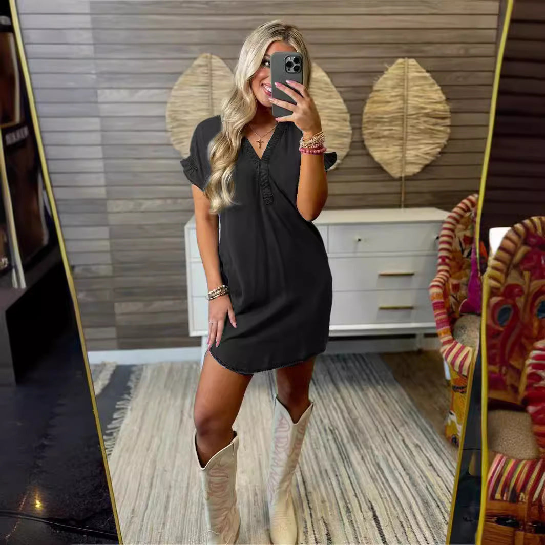 Damen Kurzarm-Kleid mit schönem V-Ausschnitt und Rüschendetails Fudus