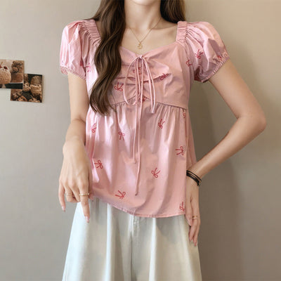 Damen lässiges Oberteil mit Puffärmeln und eleganten Rüschendetails Fudus