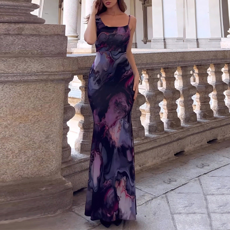 Damen Maxikleid mit modernem Batik-Muster und figurbetontem Schnitt Fudus