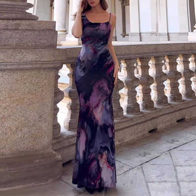 Damen Maxikleid mit modernem Batik-Muster und figurbetontem Schnitt Fudus