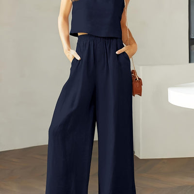 Damen weiter Jumpsuit mit graziösem Schnitt und elastischem Taillenbund Fudus