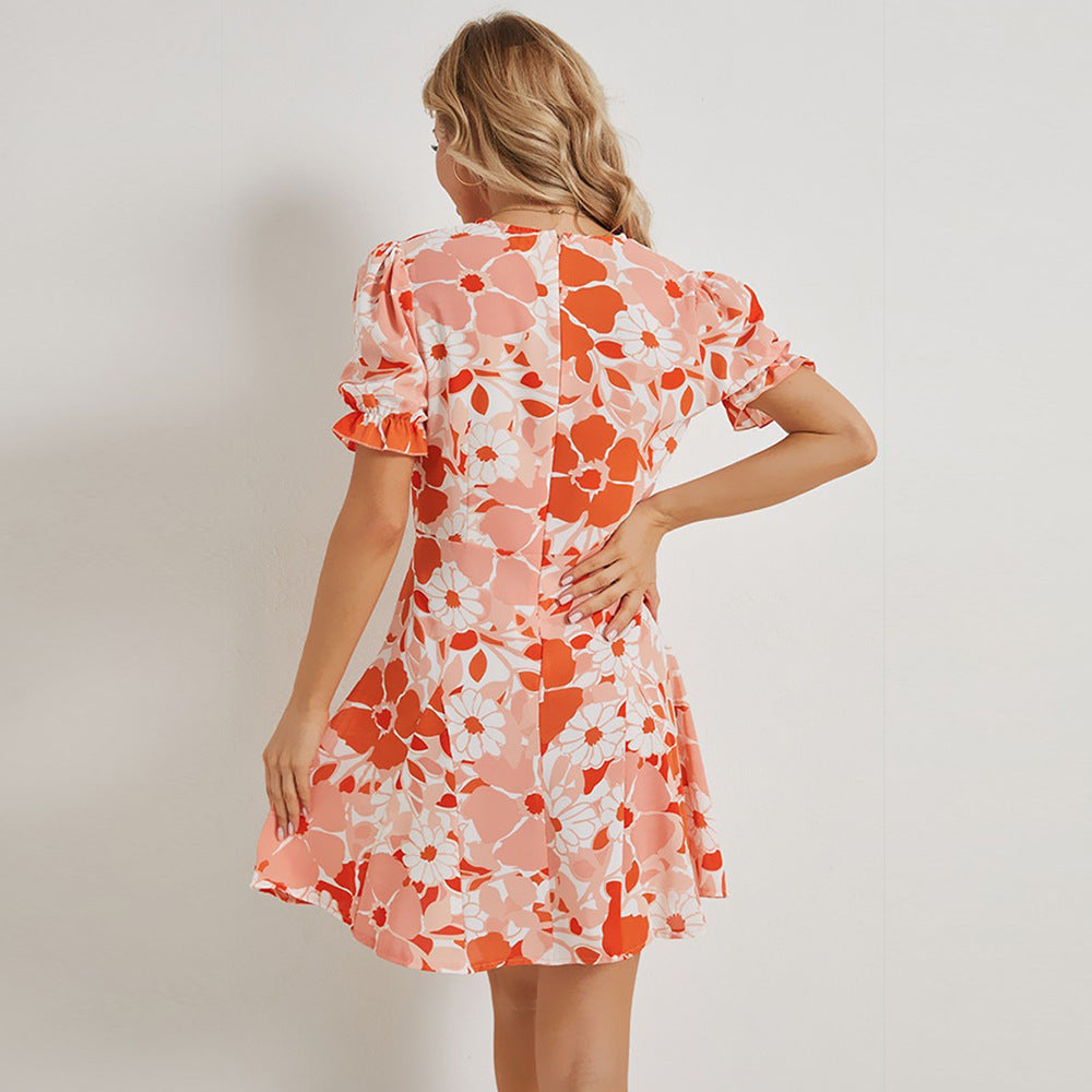 Damen blumiges Kurzkleid mit V-Ausschnitt und Rüschendetails Fudus