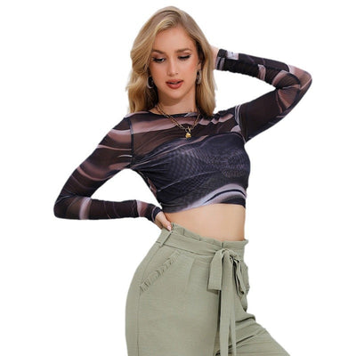 Damen cropped Langarmshirt mit modernen grafischen Mustern Fudus