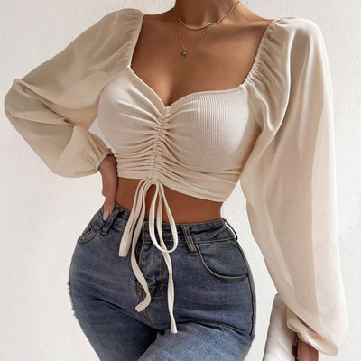 Damen Oberteil mit gerafftem Design und ballonförmigen Ärmeln Fudus