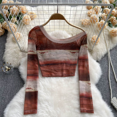 Damen cropped Langarmoberteil mit moderne Batikmuster Fudus