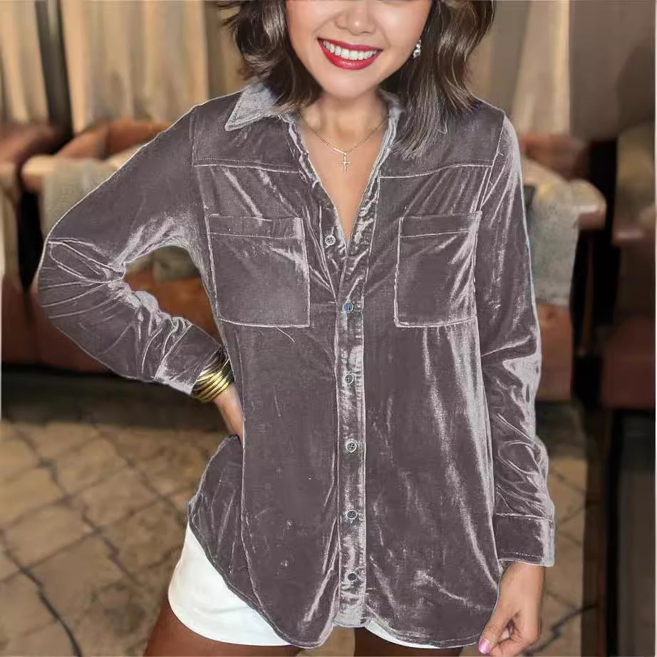 Damen Samt-Bluse im lässigen Schnitt mit Brusttaschen Fudus