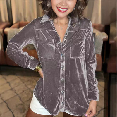 Damen Samt-Bluse im lässigen Schnitt mit Brusttaschen Fudus