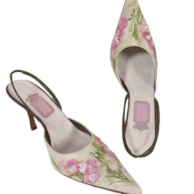 Damen elegante Pumps mit floralen Stickereien und schmalem Absatz Fudus