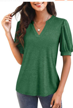 Damen T-Shirt mit V-Ausschnitt und Puffärmeln Fudus