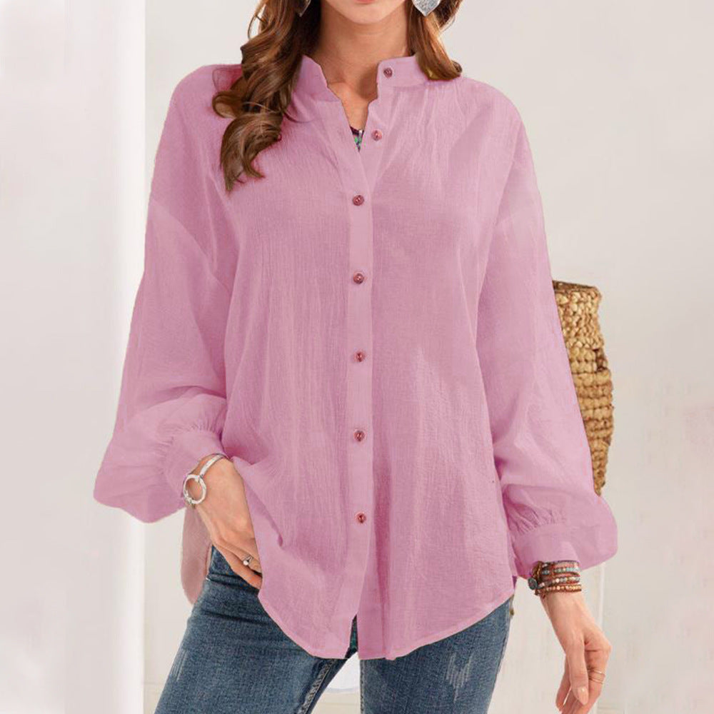 Damen lässige Bluse aus leichtem Leinen mit dekorativen Knöpfen Fudus