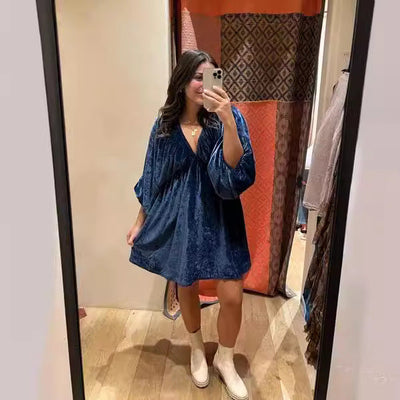 Damen kurzes Plisseekleid mit V-Ausschnitt und voluminösen Ärmeln Fudus