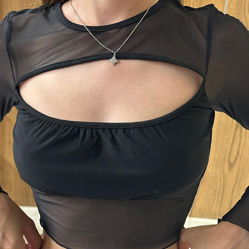 Damen modisches Crop-Top mit transparenten Einsätzen Fudus