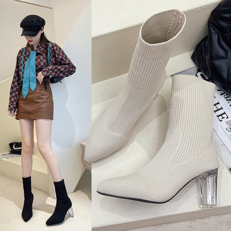Damen Stiefeletten mit transparentem Absatz und elastischem Strickoberteil Fudus