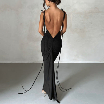 Damen figurbetontes langes Kleid mit verstellbaren Trägern und Raffung Fudus