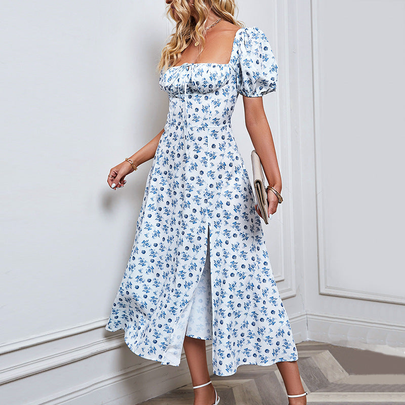 Damen Kleid mit Puffärmeln und hohem Schlitz Fudus