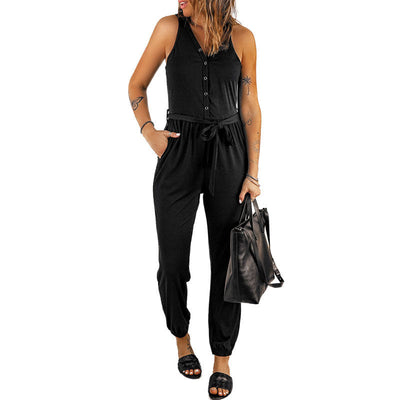 Damen lässiger Jumpsuit mit knöpfen und elastischem Bund Fudus
