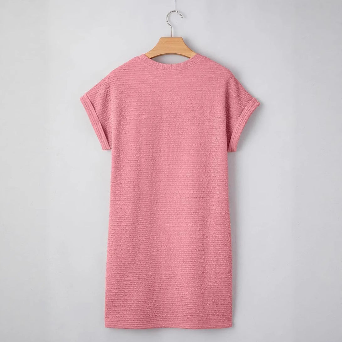 Damen lässiges Kurzarm-Kleid mit eingewebtem Texturmuster und praktischen Taschen Fudus