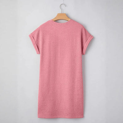 Damen lässiges Kurzarm-Kleid mit eingewebtem Texturmuster und praktischen Taschen Fudus