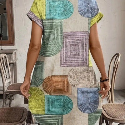 Damen Freizeitkleid mit grafischem Design und kurzen Ärmeln Fudus