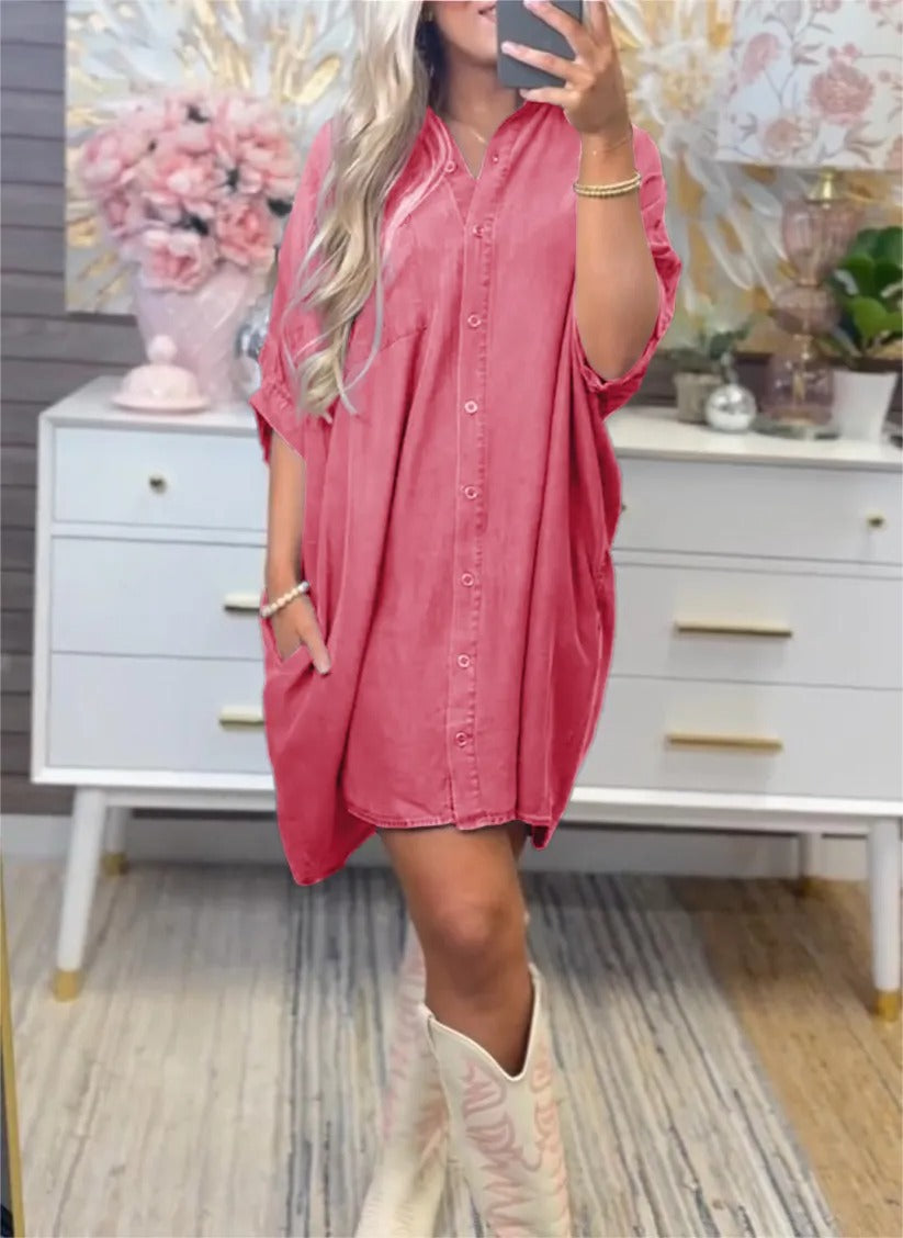 Damen Übergröße Denim-Shirtkleid mit praktischen Taschen und lässigem Schnitt Fudus