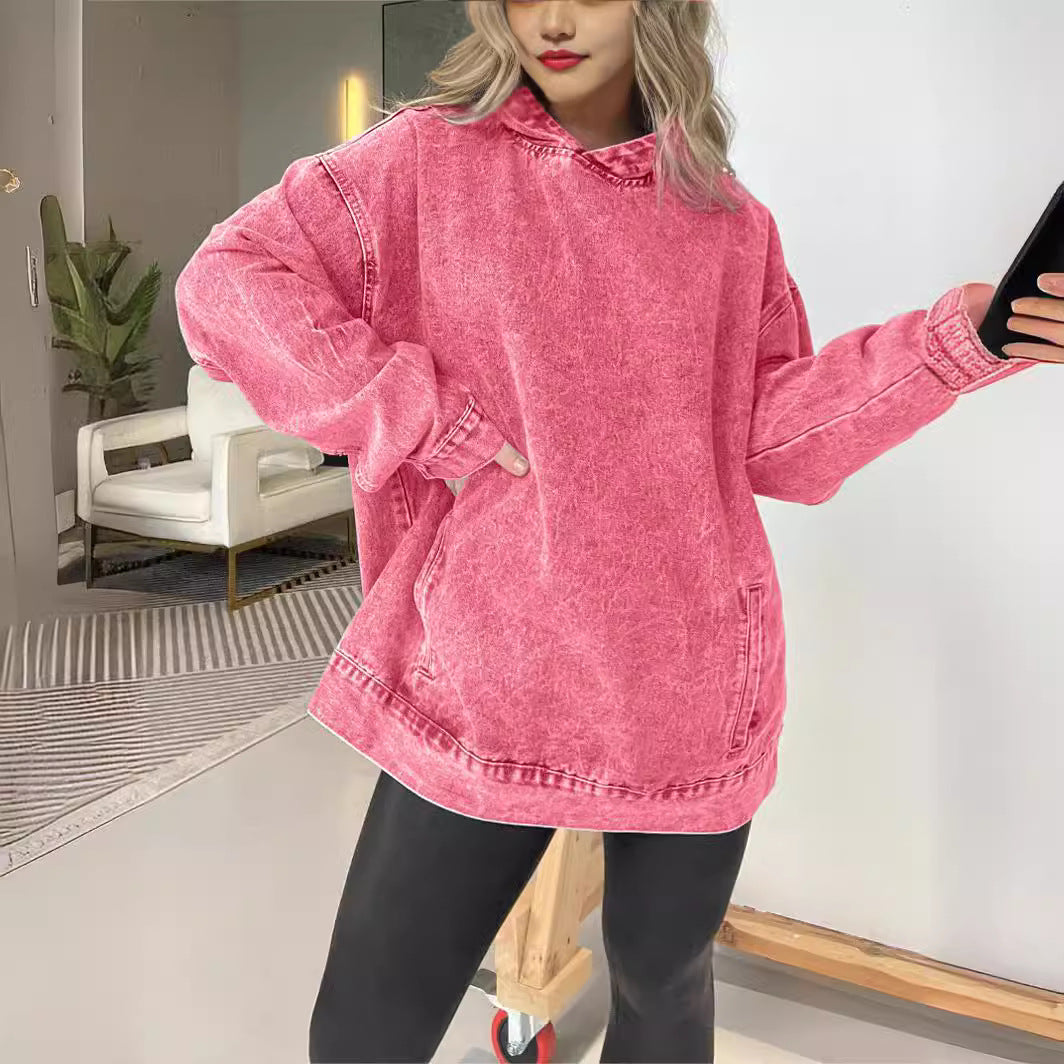 Damen Oversized Hoodie aus Denim mit praktischem Kängurutasche Fudus