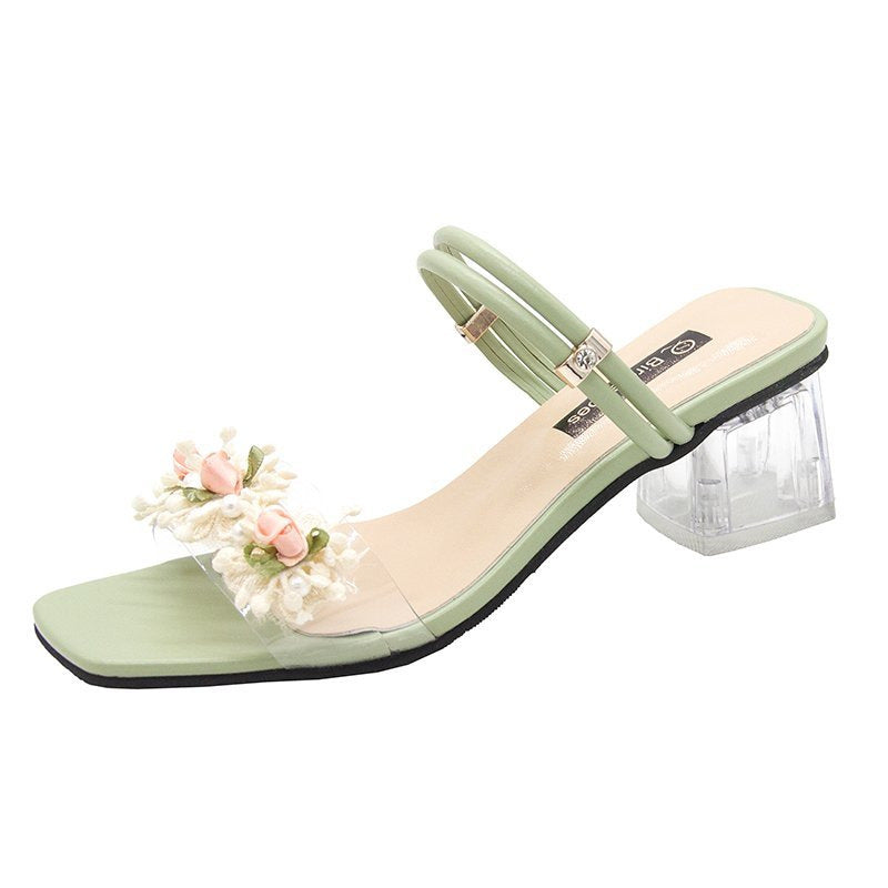 Damen Sandaletten mit transparentem Riemen und floralen Akzenten Fudus