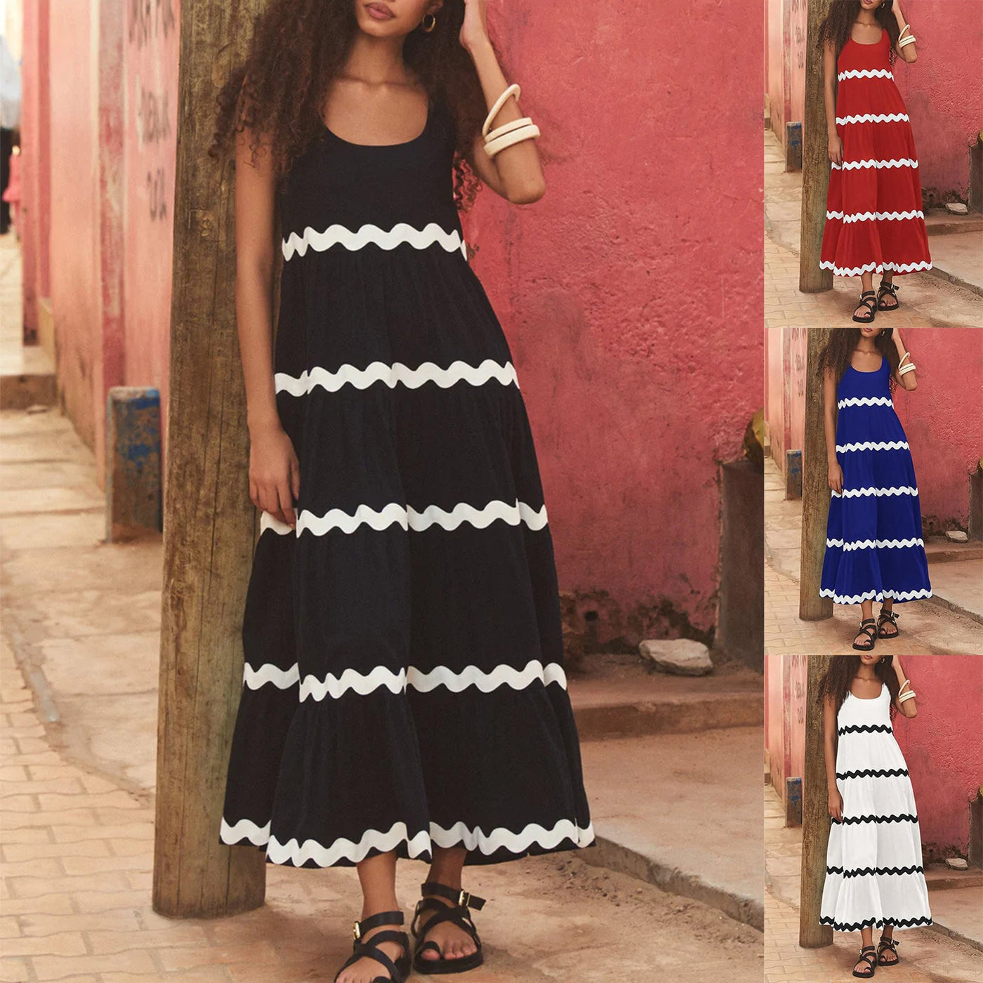 Damen Elegantes Maxikleid mit Wellenmuster und weit schwingendem Saum Fudus