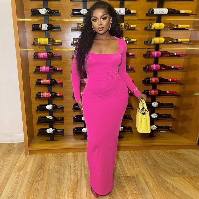 Damen Elegantes Langarm-Maxi-Kleid mit tailliertem Schnitt Fudus