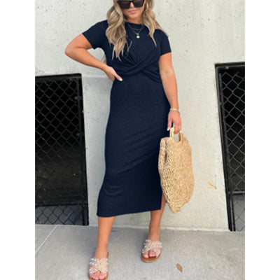 Damen lässiges Maxi-Kleid mit knotendem Detail und kurzärmeligen Schnitt Fudus