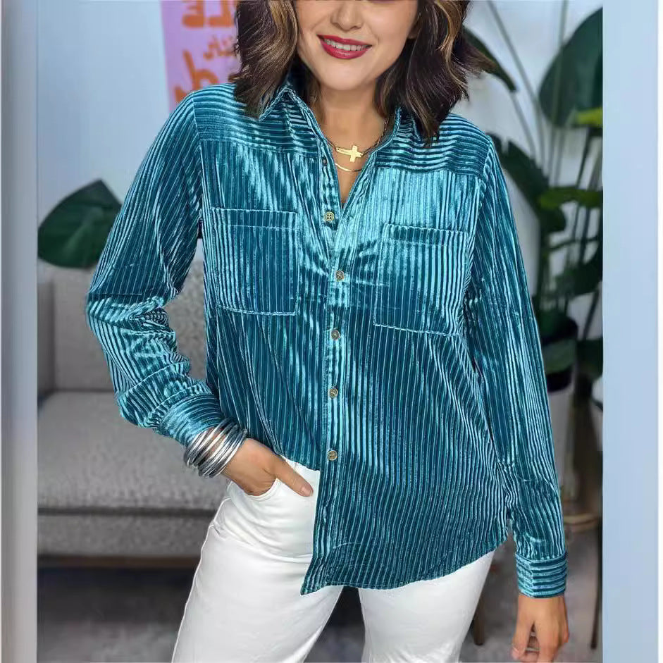 Damen Velours Hemd mit feinen Streifen und praktischen Taschen Fudus