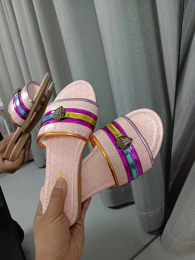 Damen modische transparente Pantoletten mit bunten Riemen und dekorativem Detail Fudus