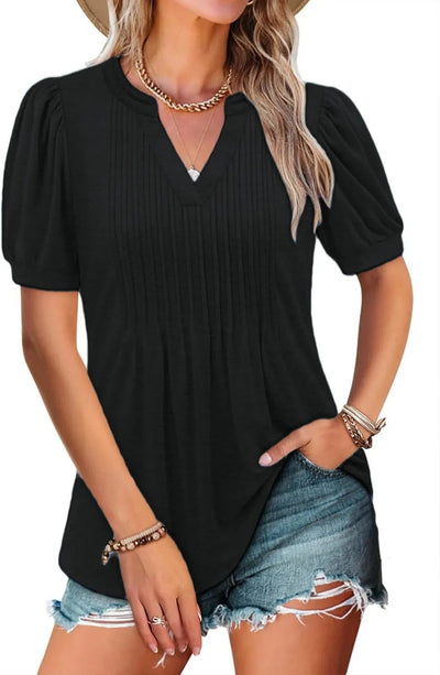 Damen lässiges V-Ausschnitt T-Shirt mit Puffärmeln und Raffungen Fudus