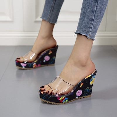 Damen Wedge-Pantoletten mit floralem Muster und transparentem Riemen Fudus