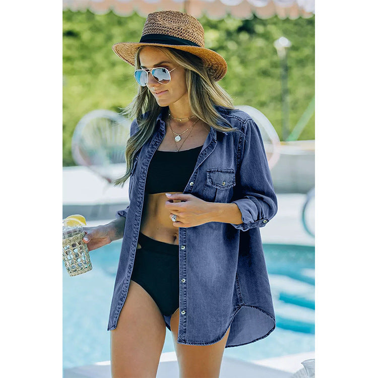 Damen Denim-Hemd mit funktionalen Taschen und lässigem Schnitt Fudus