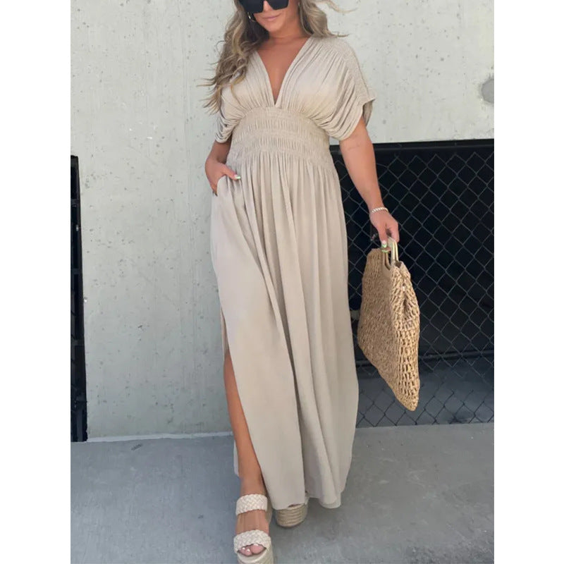 Damen Maxikleid mit figurbetontem Oberteil und seitlichem Schlitz Fudus