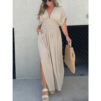 Damen Maxikleid mit figurbetontem Oberteil und seitlichem Schlitz Fudus