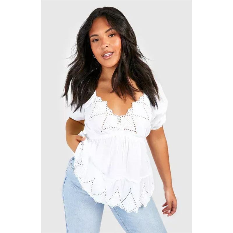 Damen Bluse mit Stickdetails und voluminösen Ärmeln Fudus