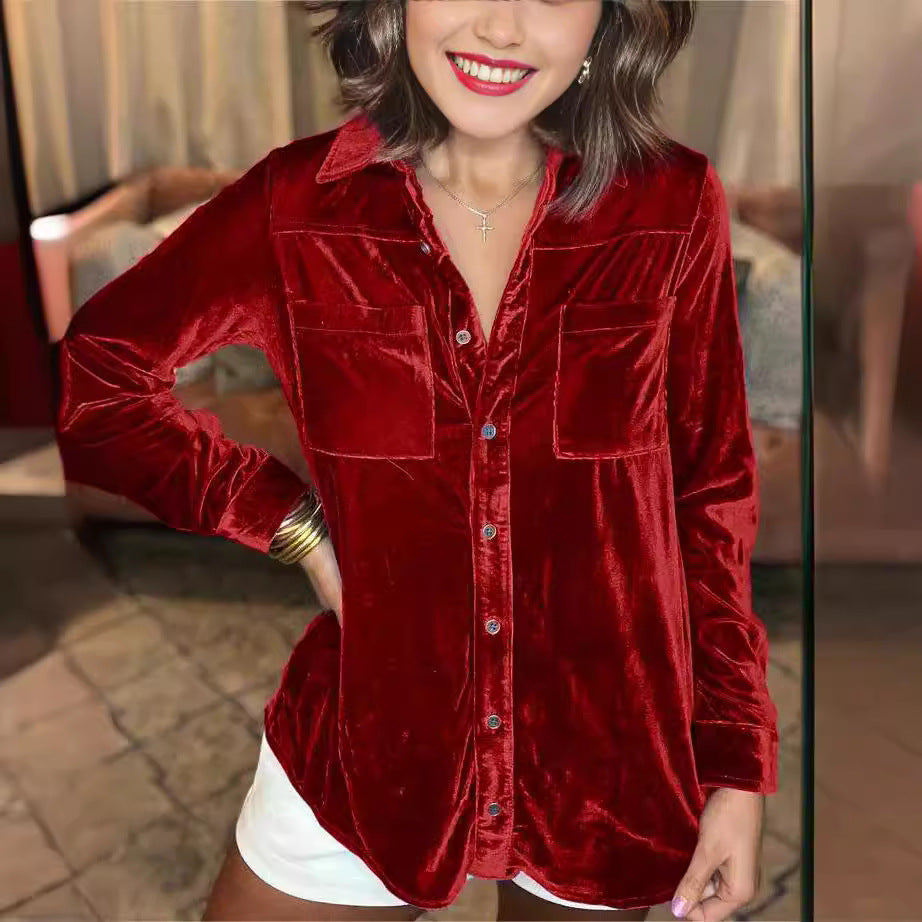 Damen Samt-Bluse im lässigen Schnitt mit Brusttaschen Fudus