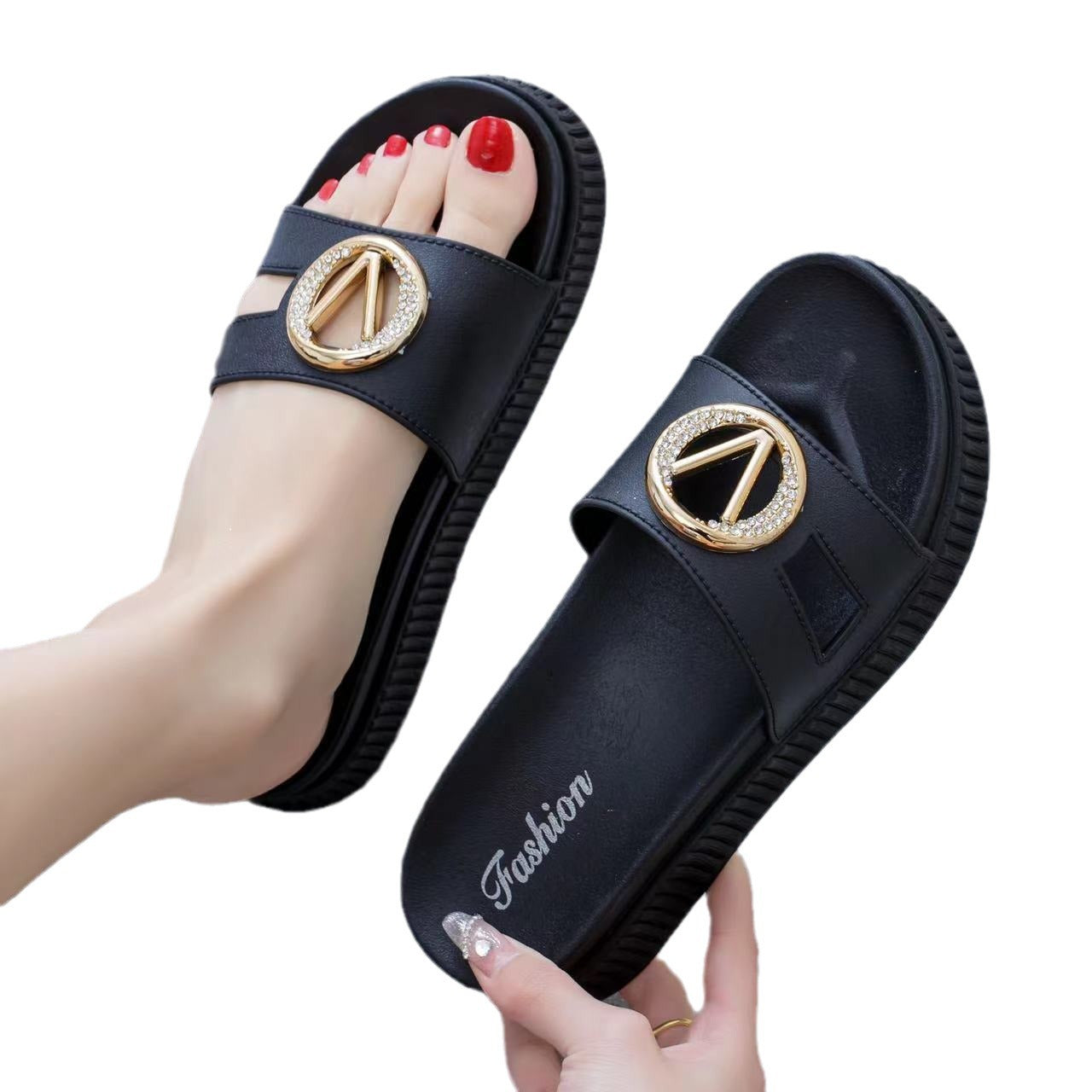 Damen Modische Pantoletten mit luxuriösem Schmuckdetail und rutschfester Sohle Fudus