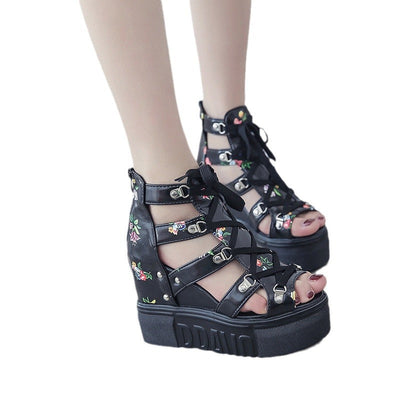 Damen Plateau-Sandalen mit floralen Akzenten und modischem Schnürdesign Fudus