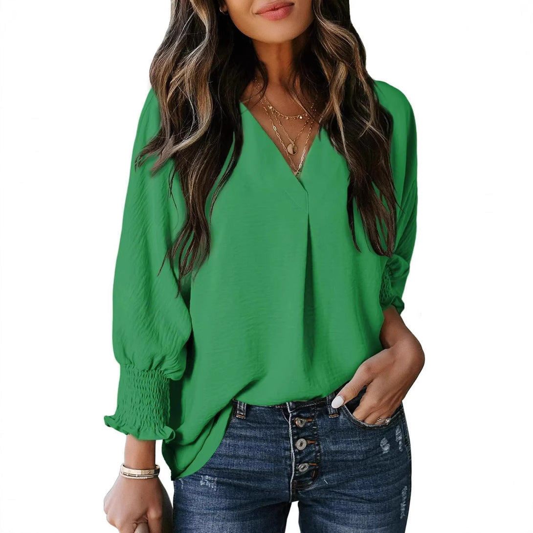 Damen Lässige Bluse mit V-Ausschnitt und Ballonärmeln Fudus