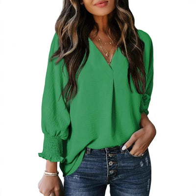 Damen Lässige Bluse mit V-Ausschnitt und Ballonärmeln Fudus
