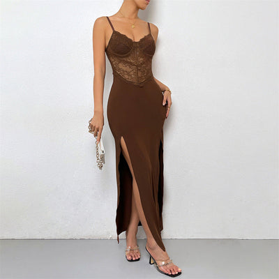 Damen elegante Spitzenkleid mit seitlichem Schlitz und verstellbaren Trägern Fudus