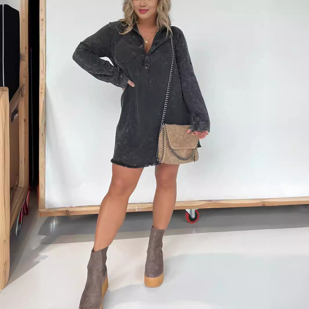 Damen Denim-Langarmkleid mit strukturiertem Samt-Design und knöpfbarer Leiste Fudus